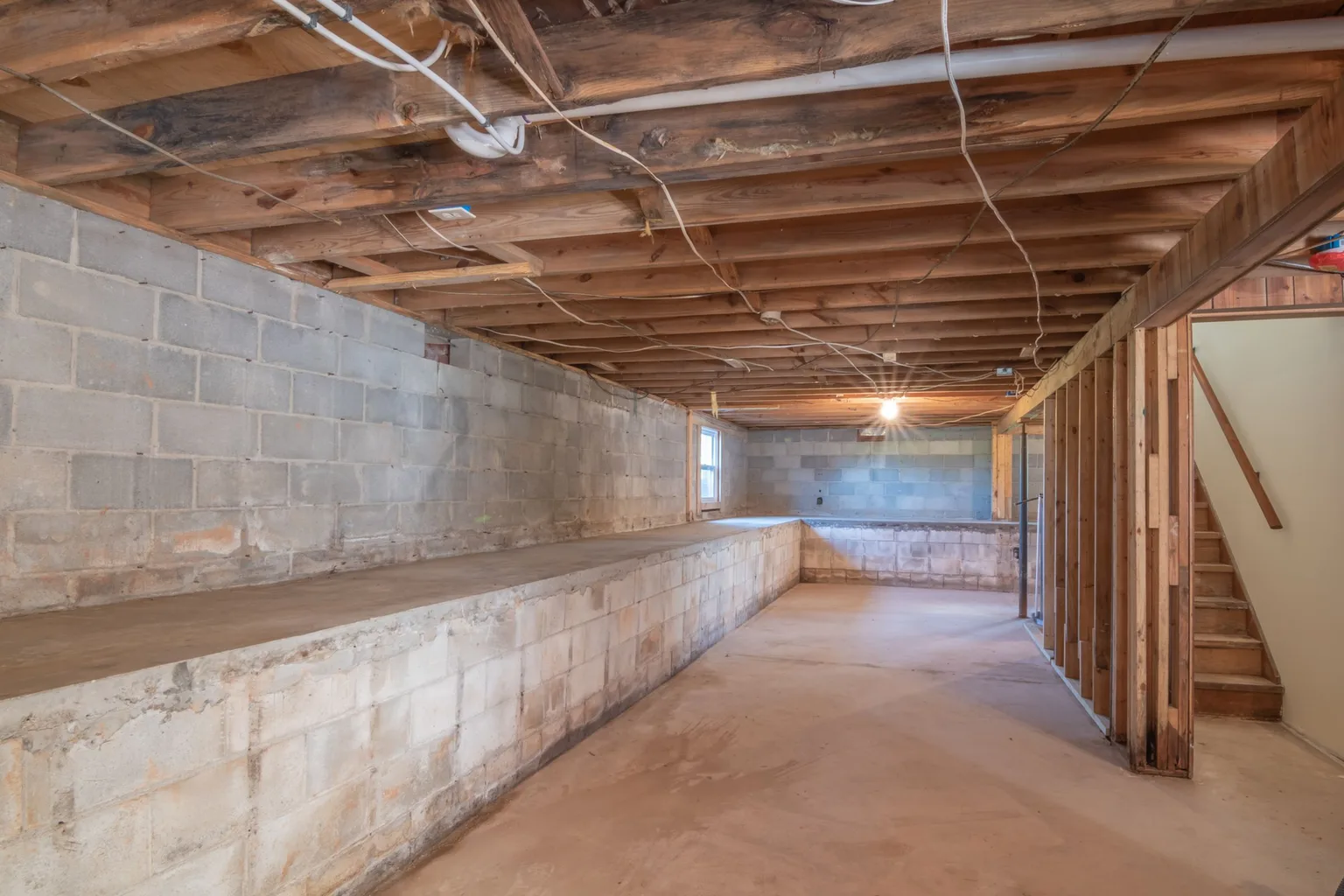 An empty basement room with concrete walls and natural light
