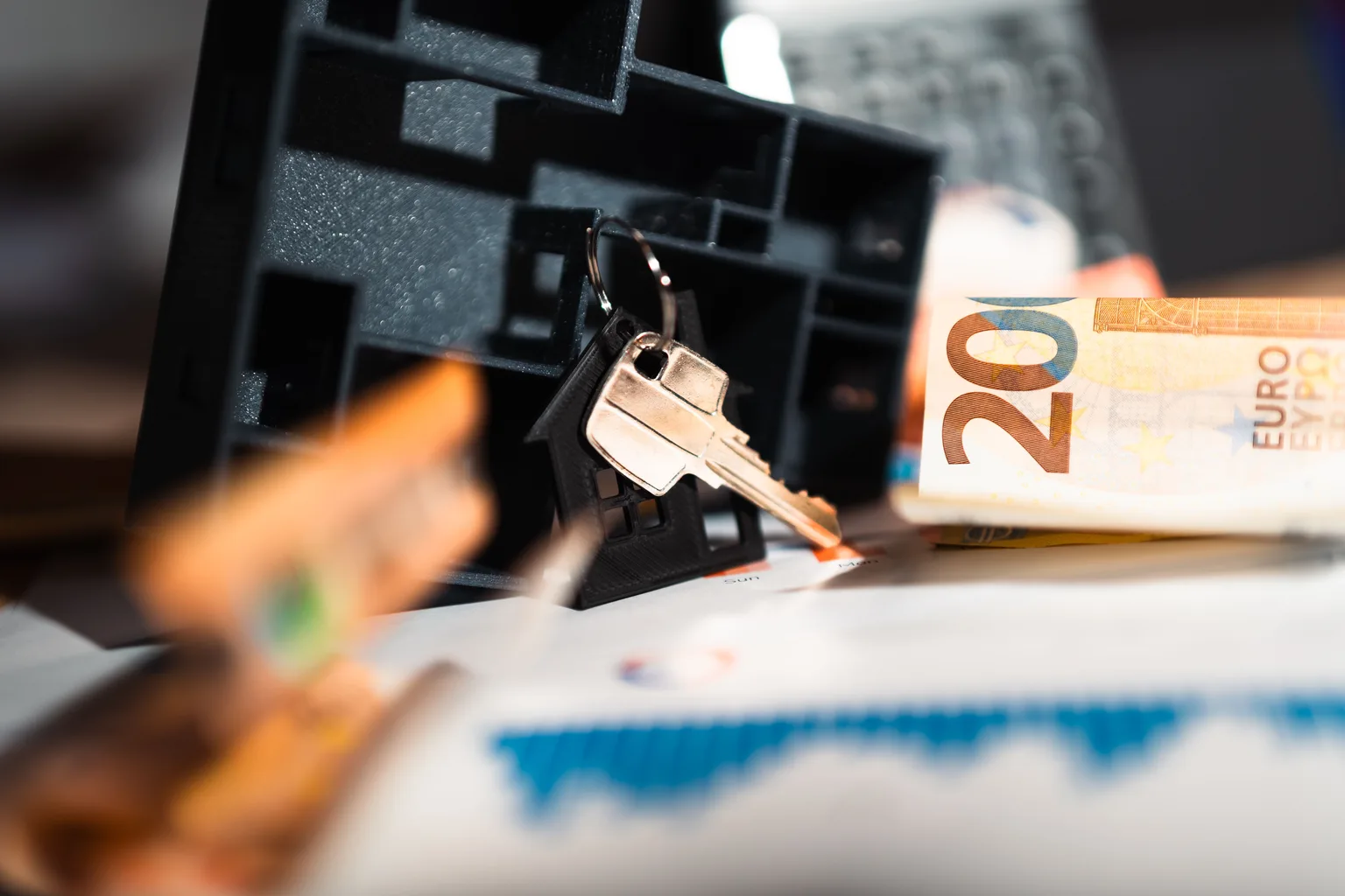 House keys resting on paperwork alongside a small model home