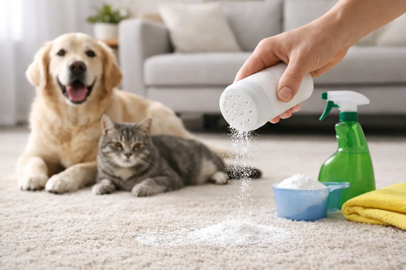 Dog and cat resting on a living room carpet while deodorizing powder is applied