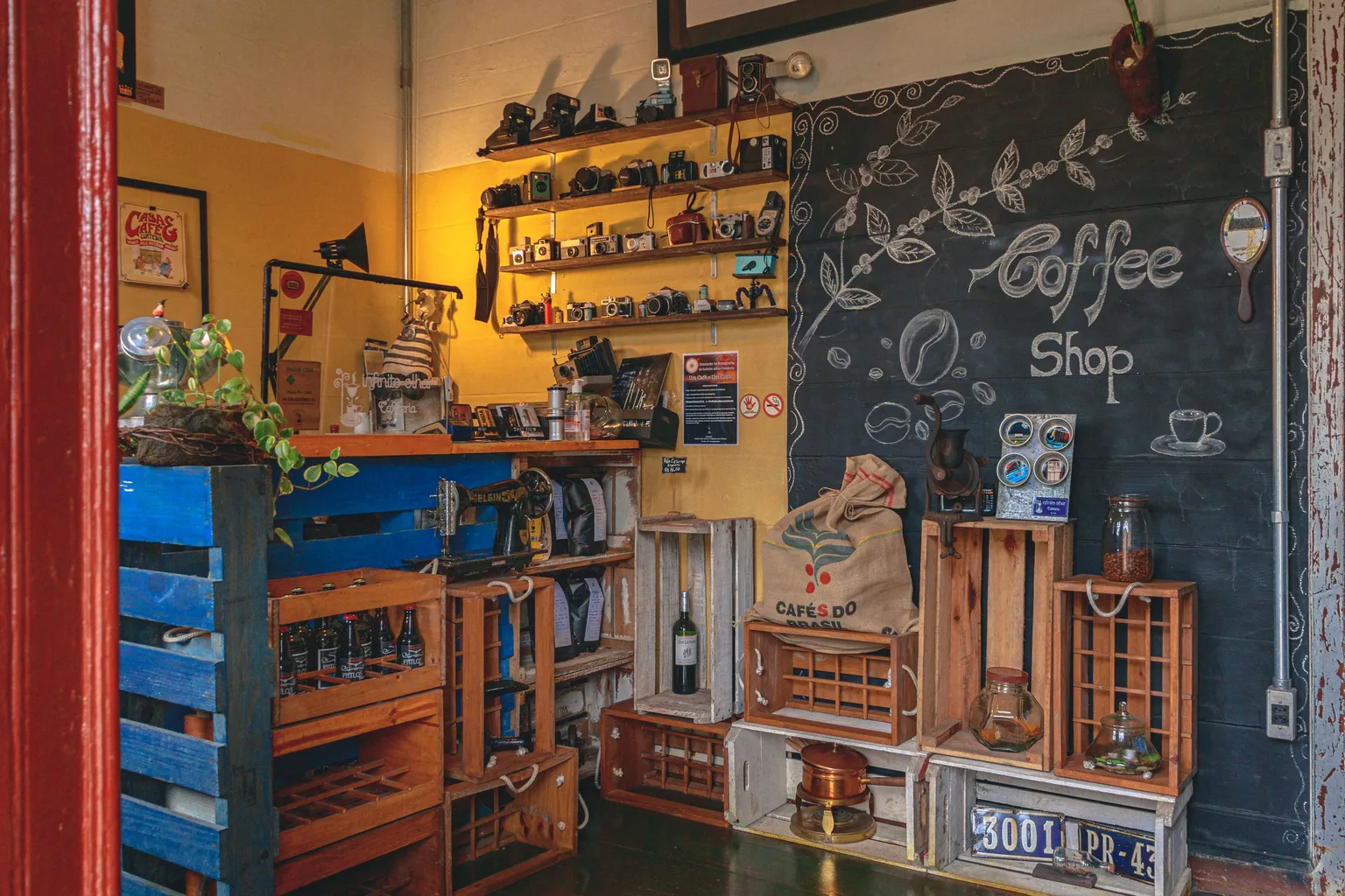 A charming, rustic coffee shop interior with wood tones