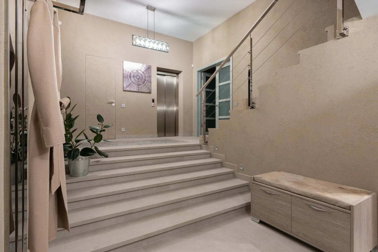 Interior of a modern apartment entrance in beige color