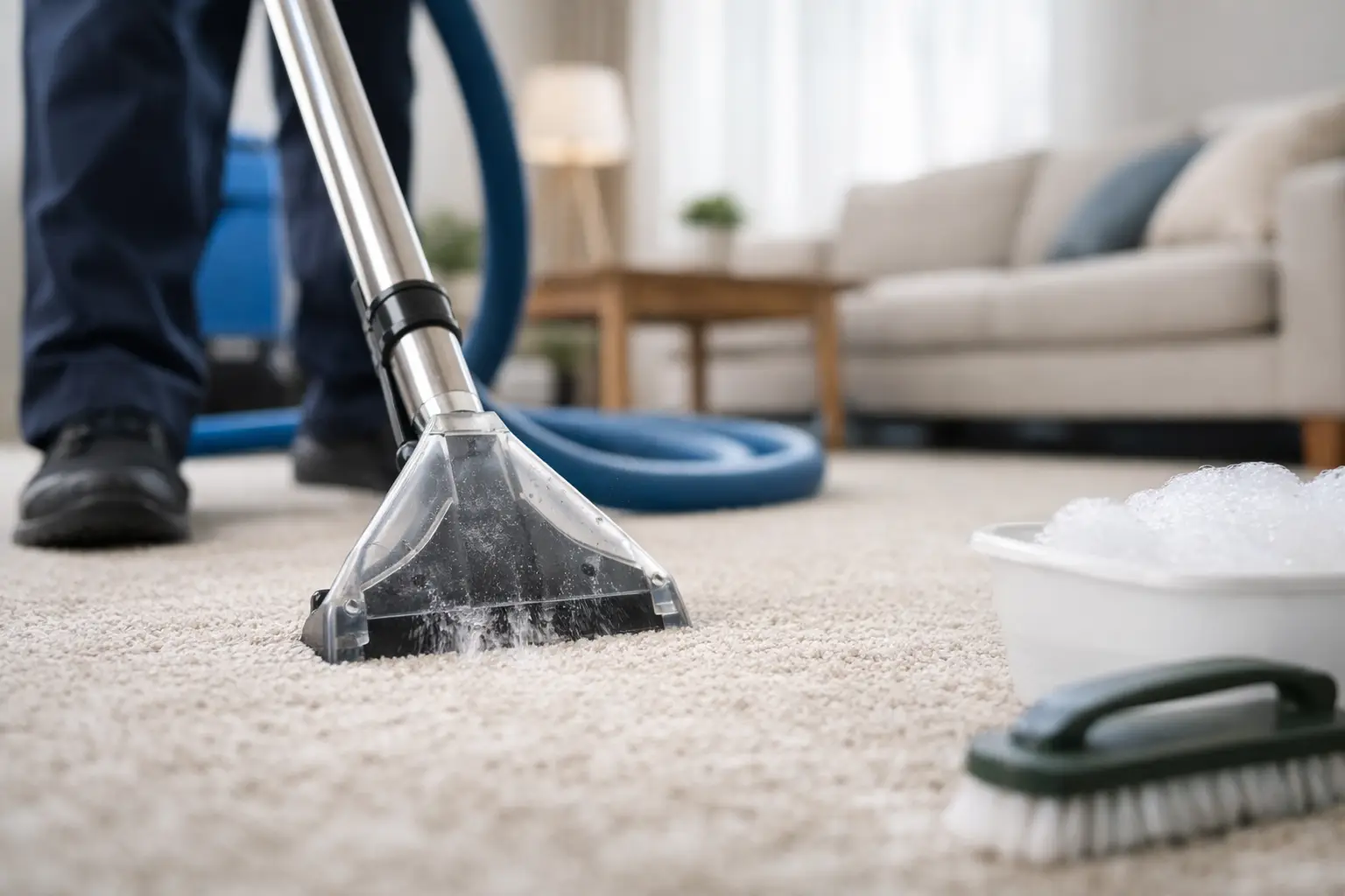 Home carpet extractor making a slow cleaning pass across a soiled carpet