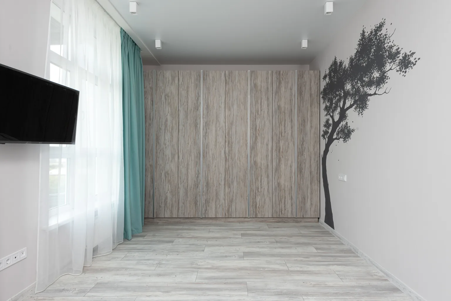 A contemporary room with wood-look plank flooring and natural light