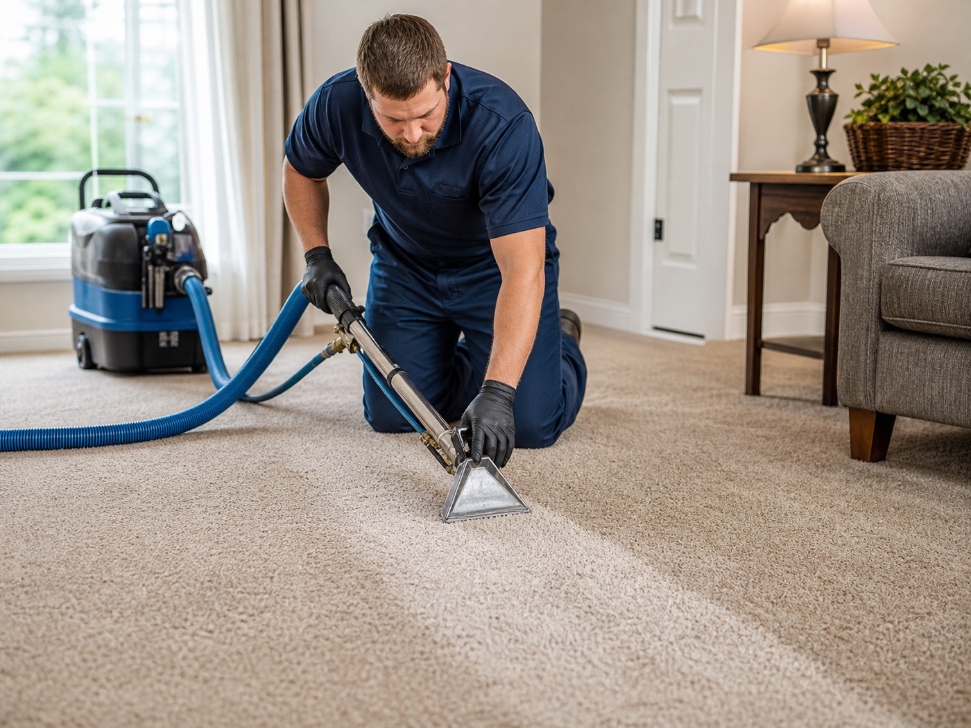 Professional carpet cleaner using a hot-water extraction wand on a residential carpet
