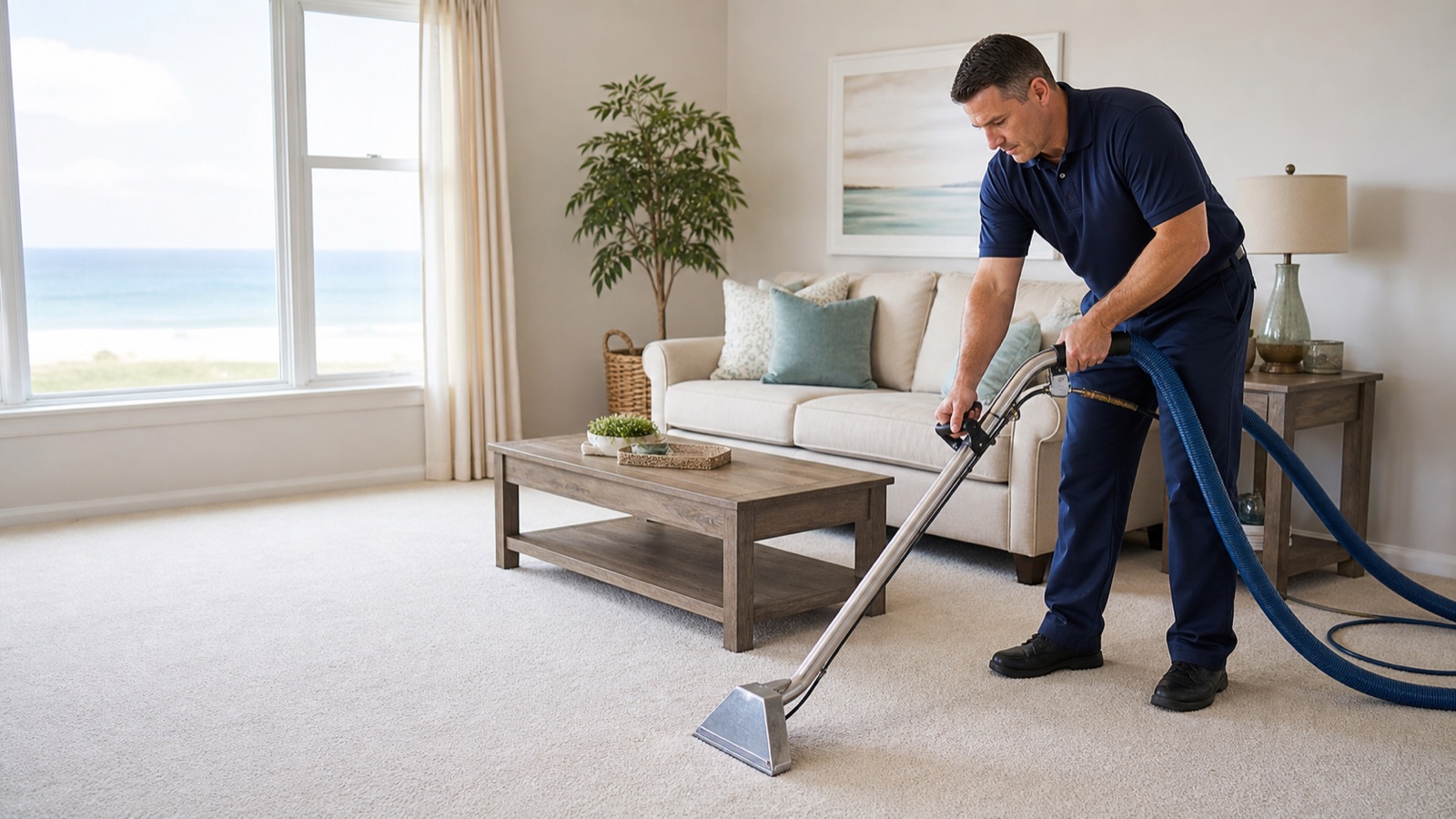 Carpet cleaning technician working in a bright home with coastal daylight