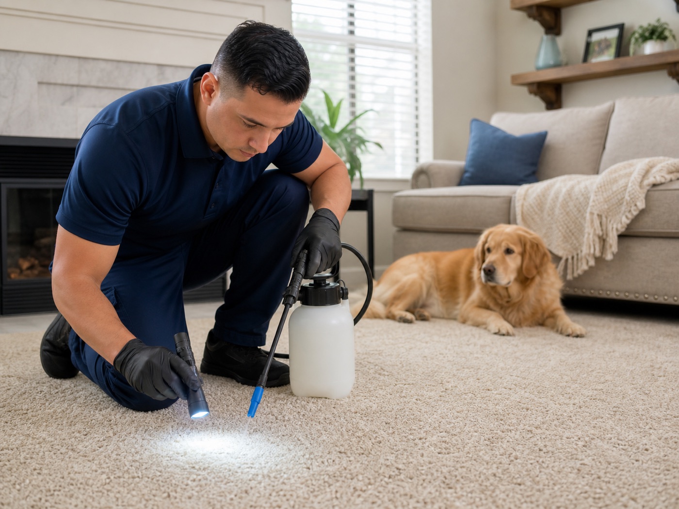 Carpet technician inspecting and treating a pet-affected carpet with a calm dog nearby