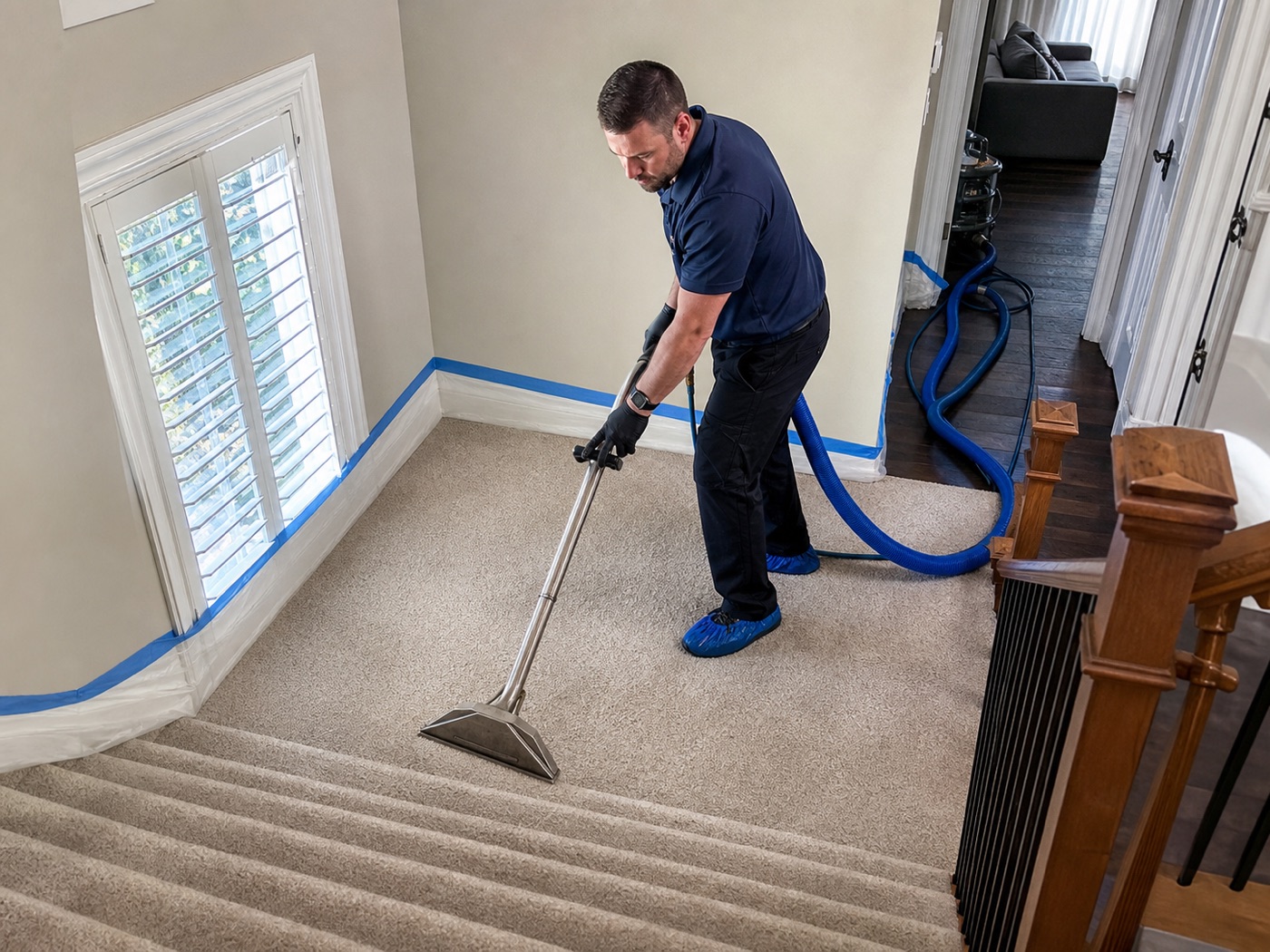 Carpet technician cleaning a residential staircase with protected trim and extraction equipment