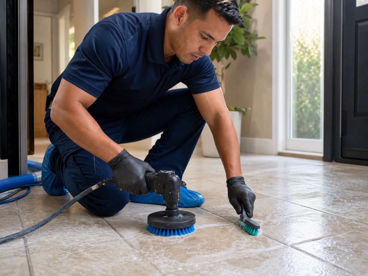 Floor-care professional cleaning a tiled entryway with a rotary scrubber