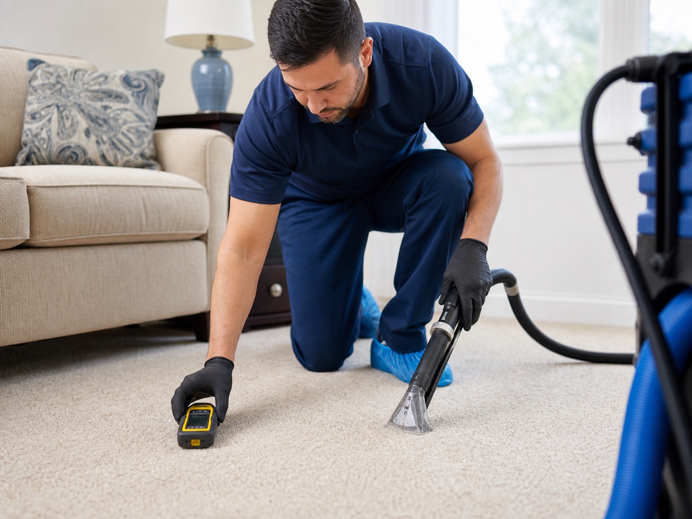 Technician using a moisture meter and extraction tool on carpet during urine contamination assessment